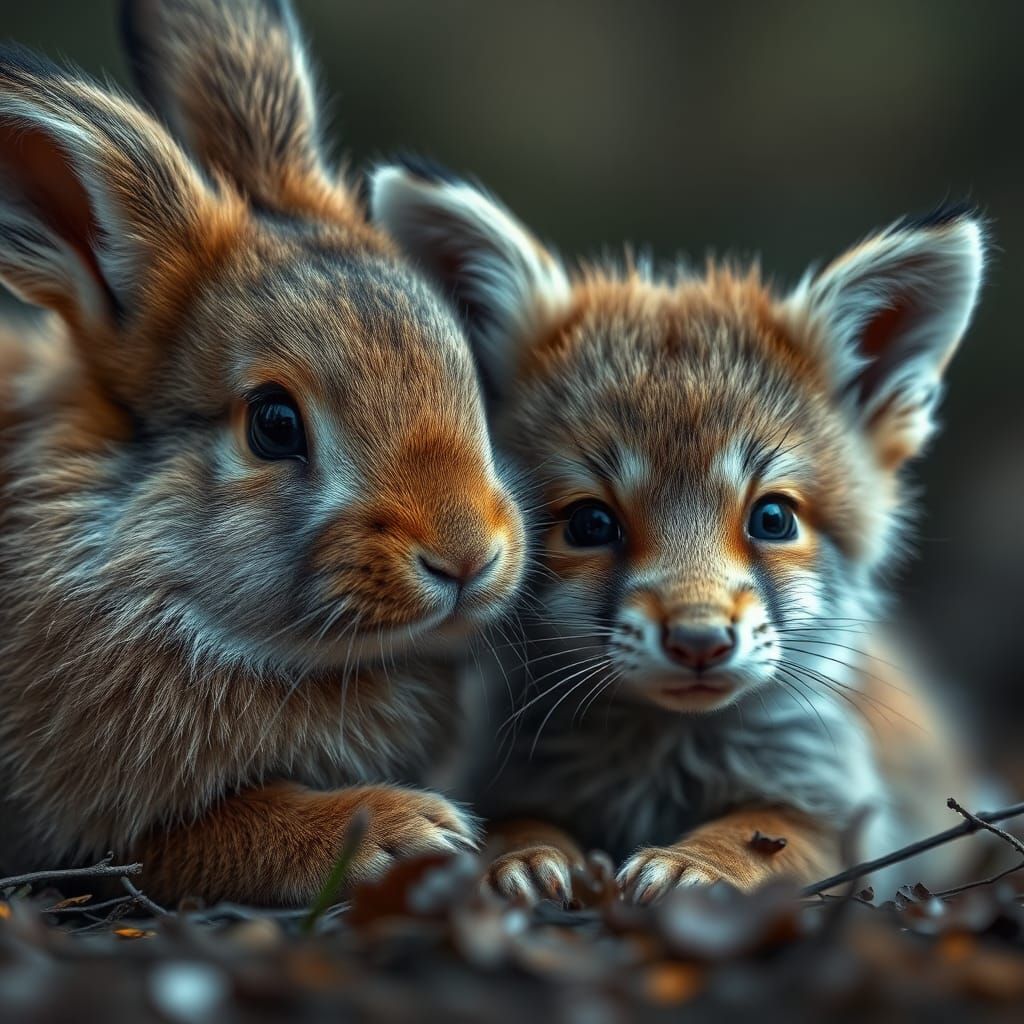 Cute Bunny and Fox Cub in HDR
