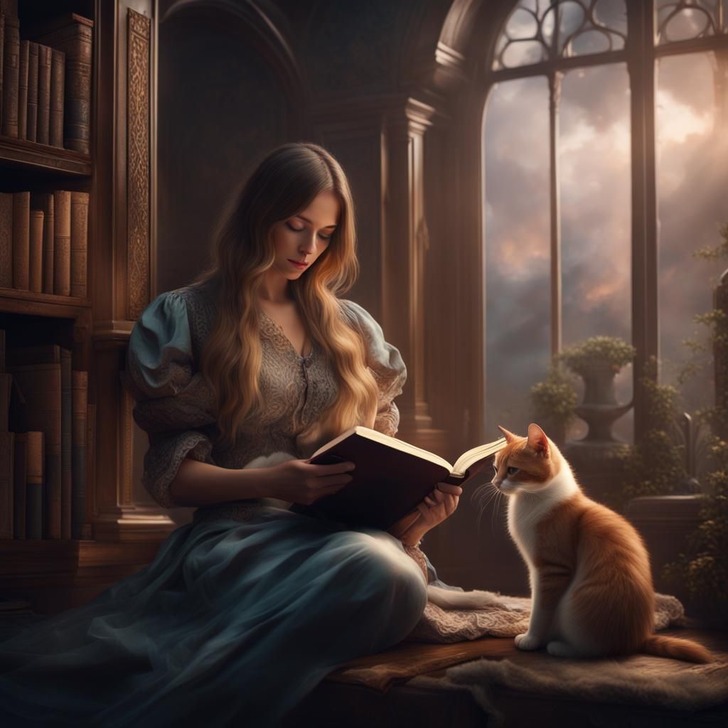 Woman Reads Book with Cat: Digital Matte Painting