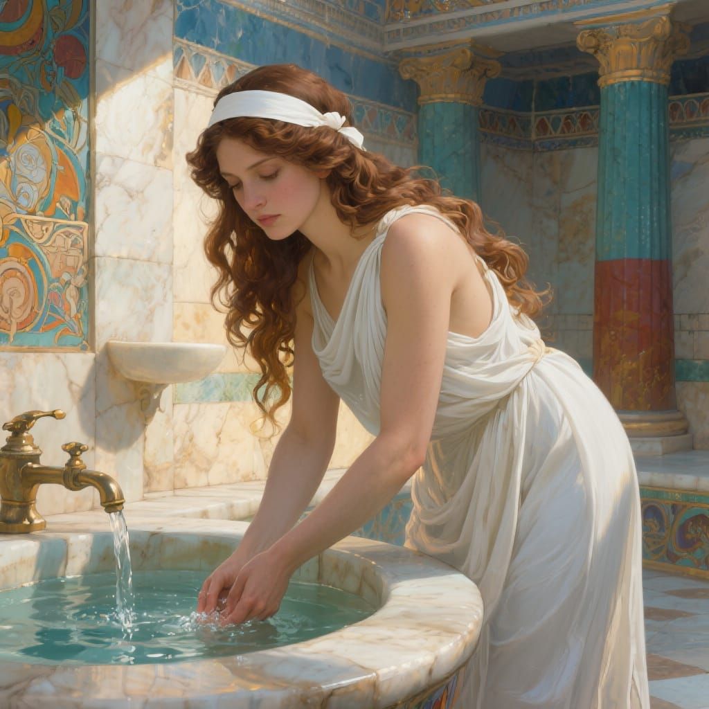 Greek Goddess Prepares to Bathe: Art Nouveau Style