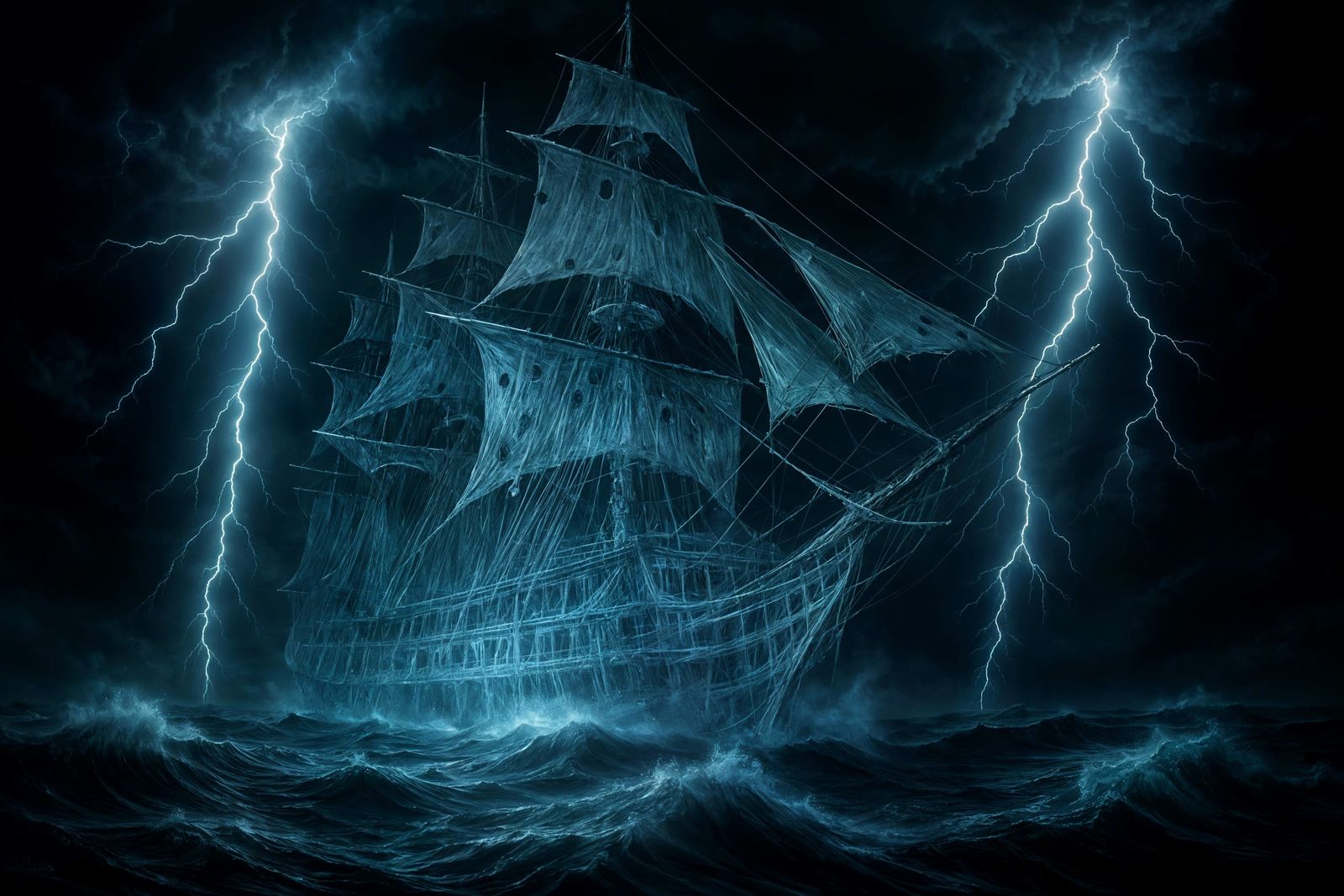 Ethereal Pirate Ship Sailing Stormy Seas
