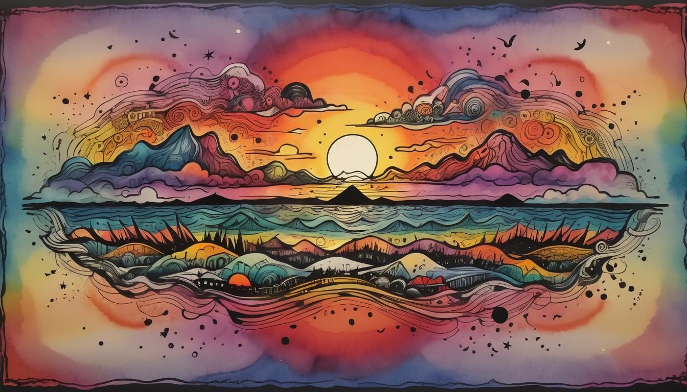 Whimsical Symbolic Sunset Ink Doodle Poster