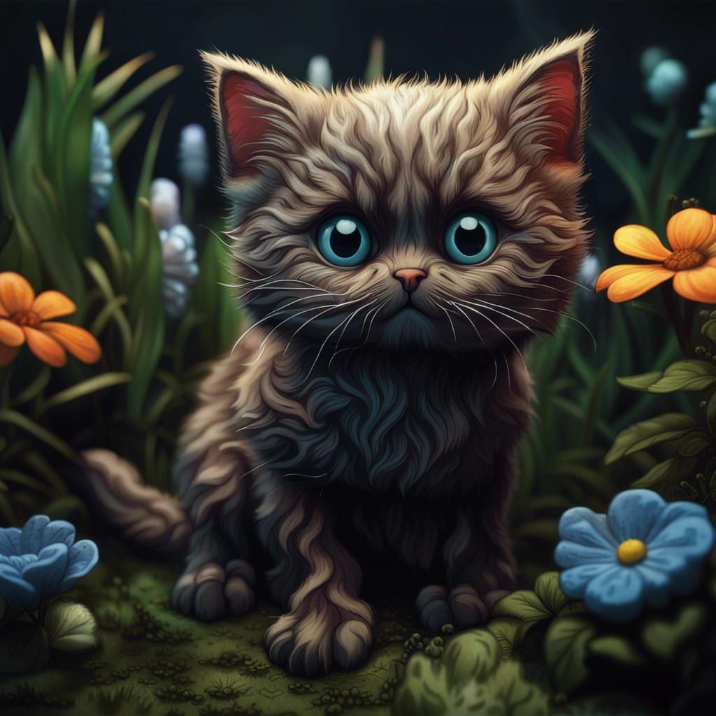 Cute Scottish Fold Kitten Garden Mezzotint