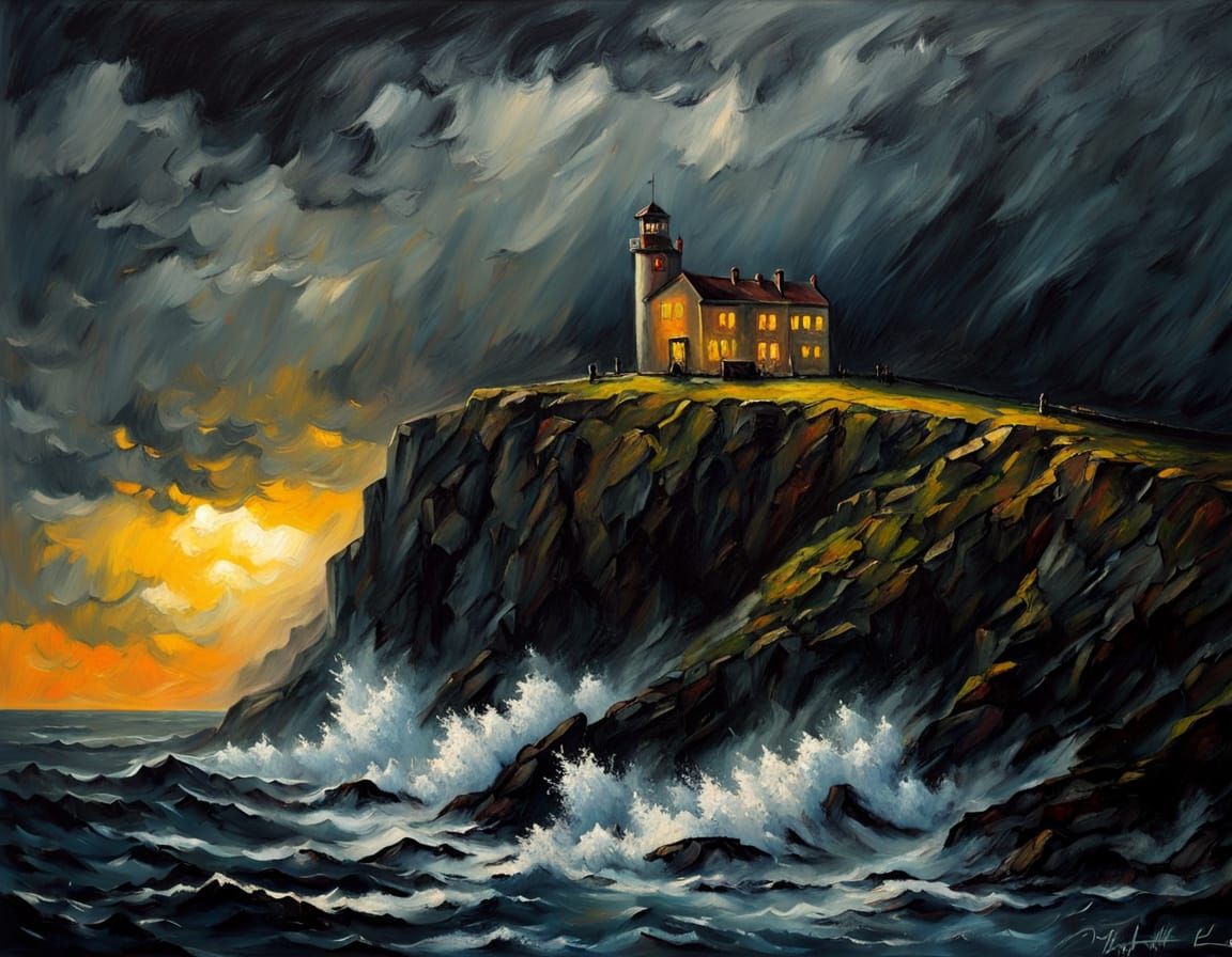Gloomy Mansion on Cliff in Stormy Night Oil Painting