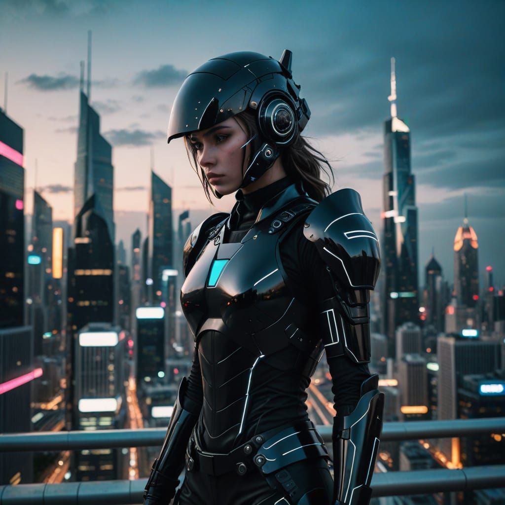Girl in Futuristic Black Armour with Twisting Cityscape
