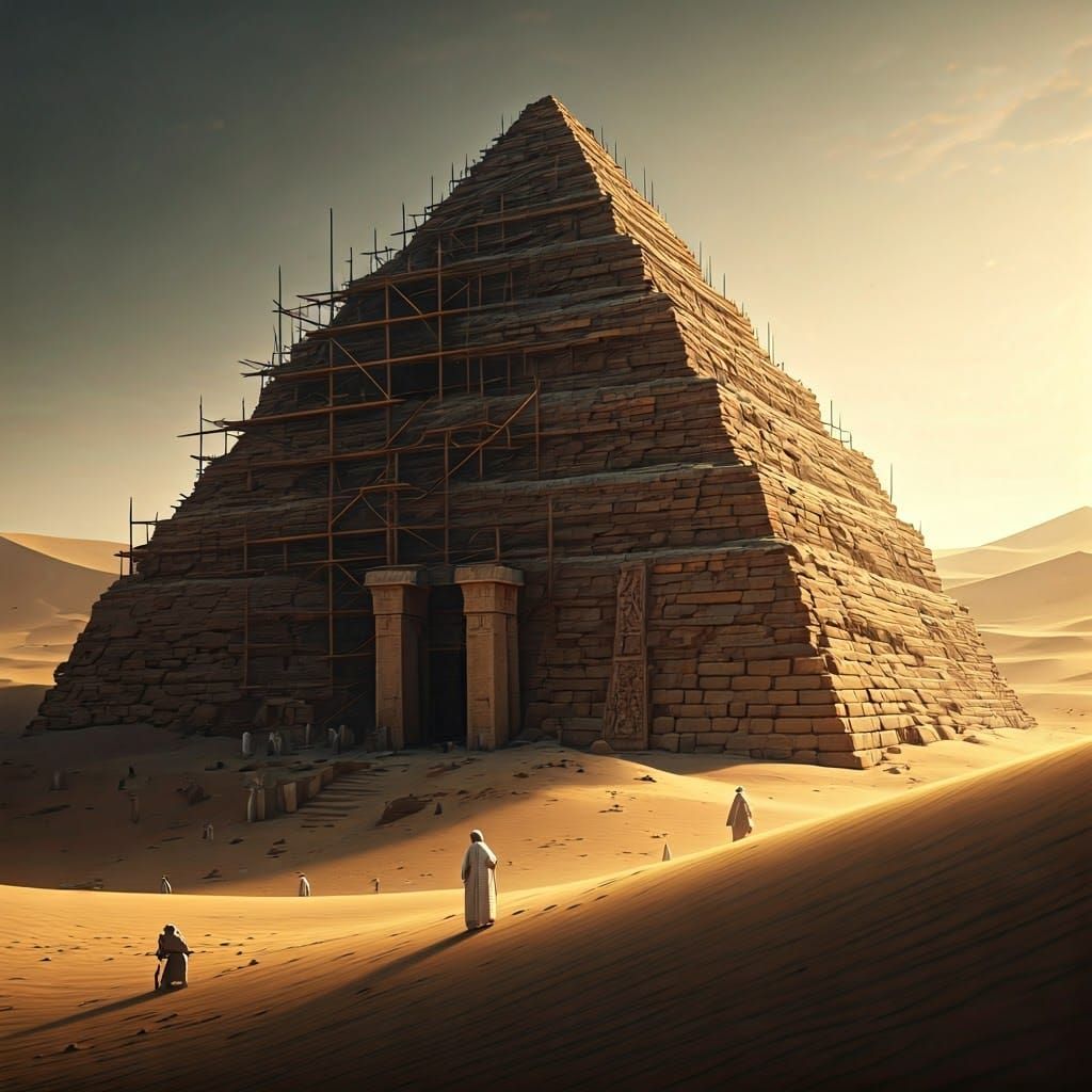Djoser Pyramid Construction in Sahara Desert, Retro-Futurist...