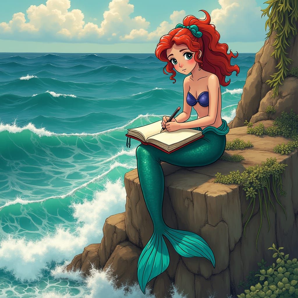 Mermaid Sketching on Coastal Rocks, Anime Style