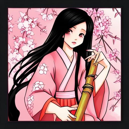 Girl in Pink Kimono Under Sakura Tree, Anime Style