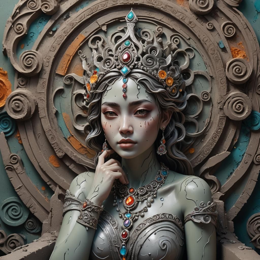 Clay Girl on Throne: Hyperrealistic Digital Art