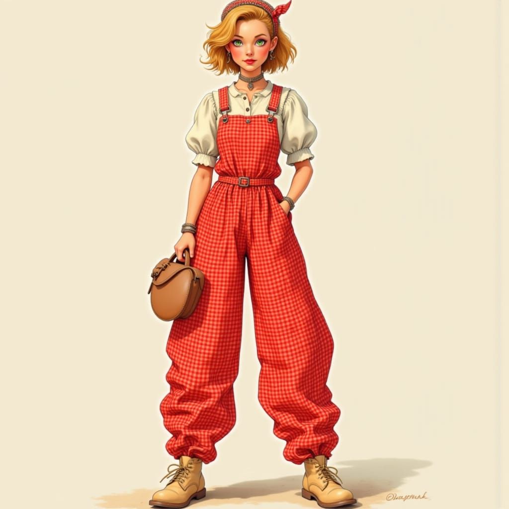 Cartoon Woman in Gingham Dress with Vegetable Basket