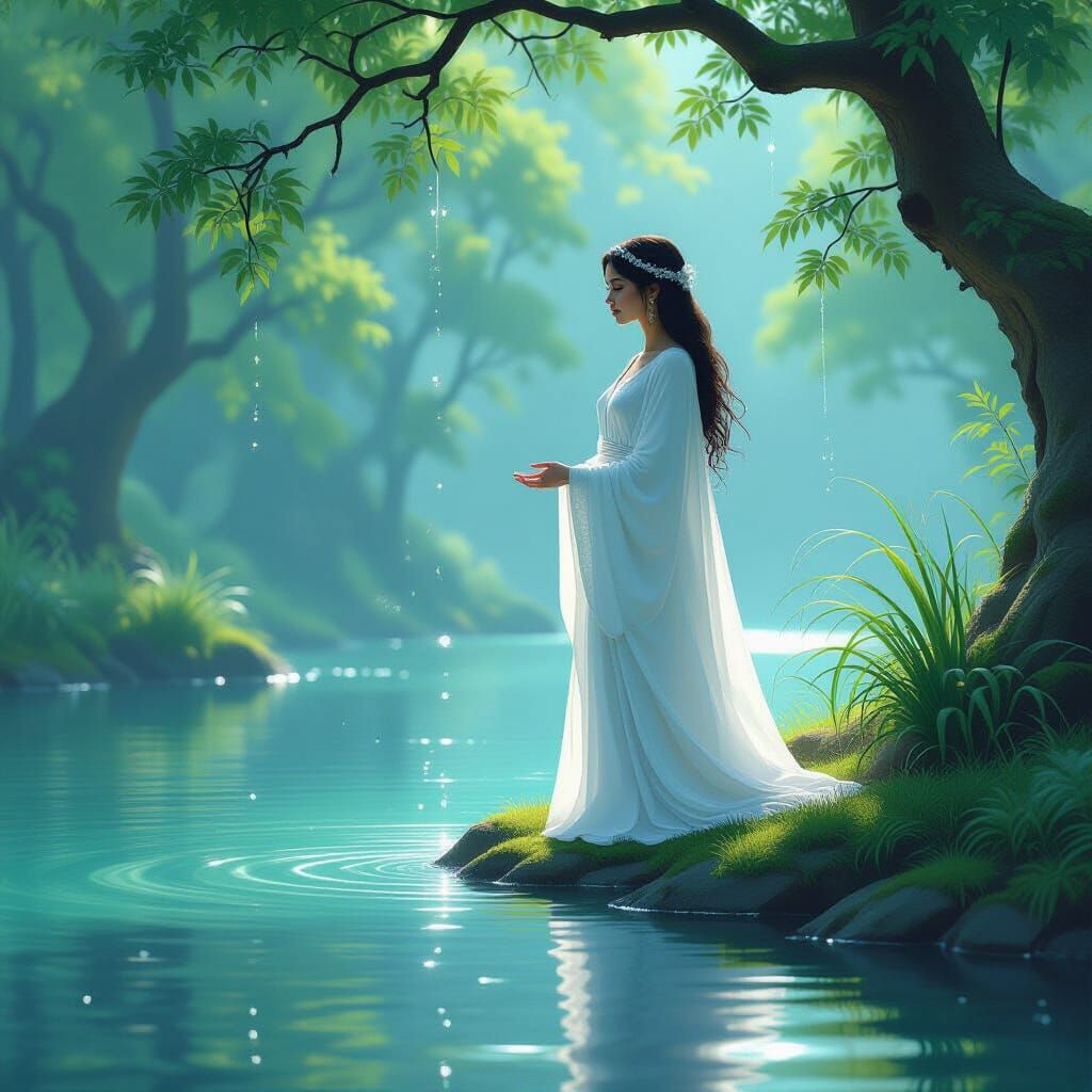 Goddess in White Robe Beside Serene Water