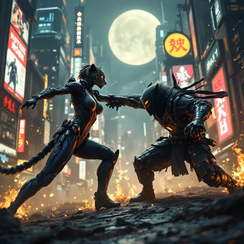 Cyberpunk Female Leopard Fights Wolf-Ninja in Dystopian Metr...