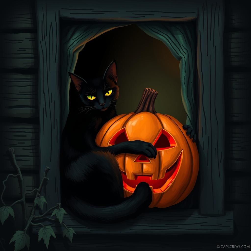 Surreal Black Cat in Swamp Witch Kitchen