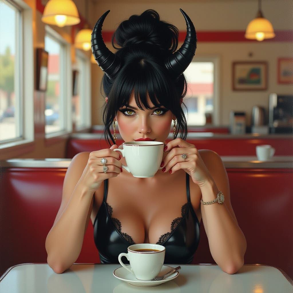 Fantasy Oil Painting of Woman Sipping Coffee in Diner