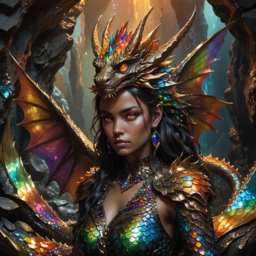 Bronze Dragon Mermaid in Dark Fantasy Cave