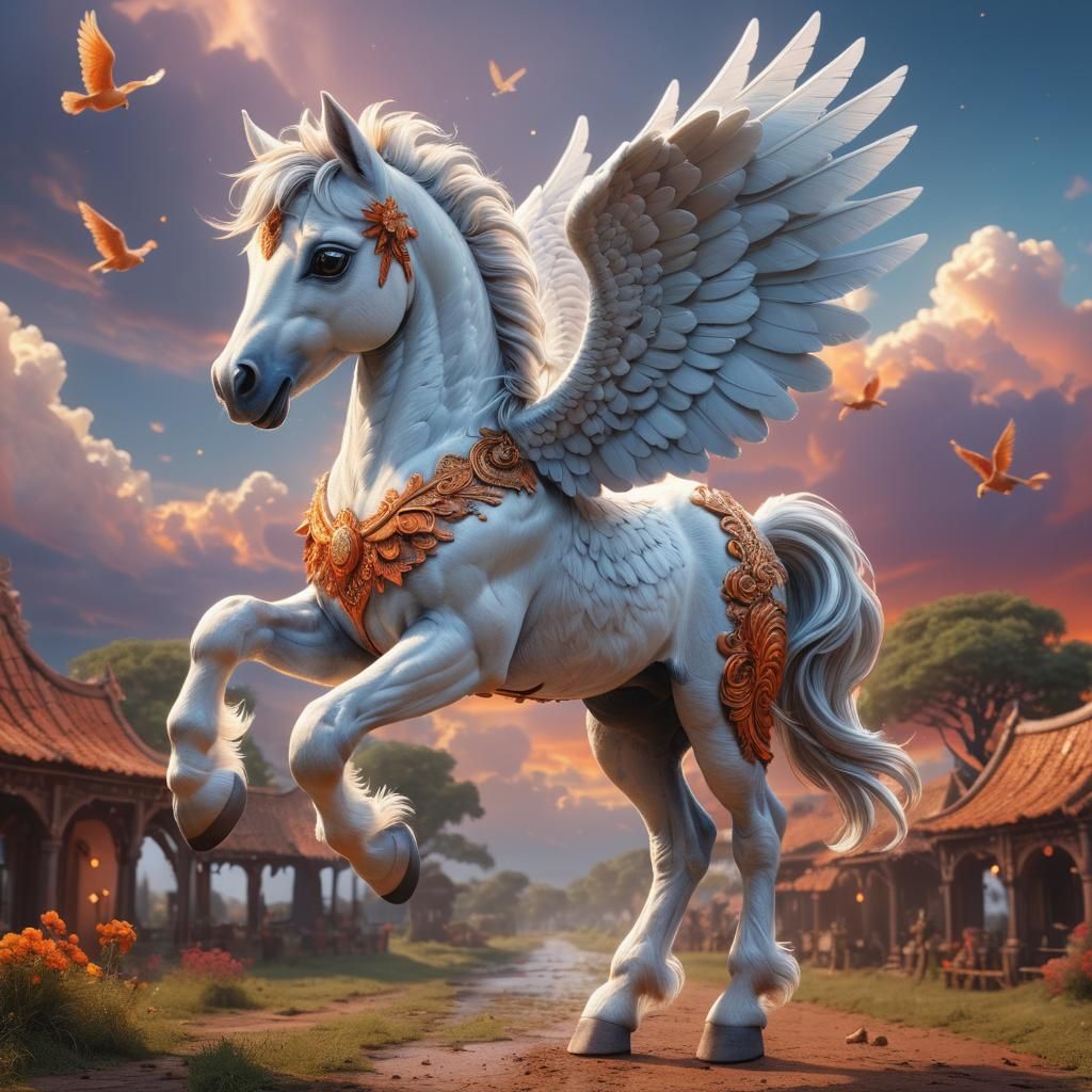 Adorable Baby Pegasus in Vibrant Orange Sky