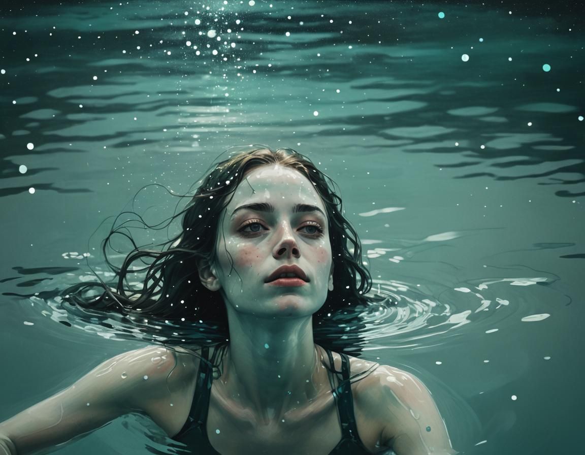 Woman Swimming in Starry Lake: Photorealistic Art