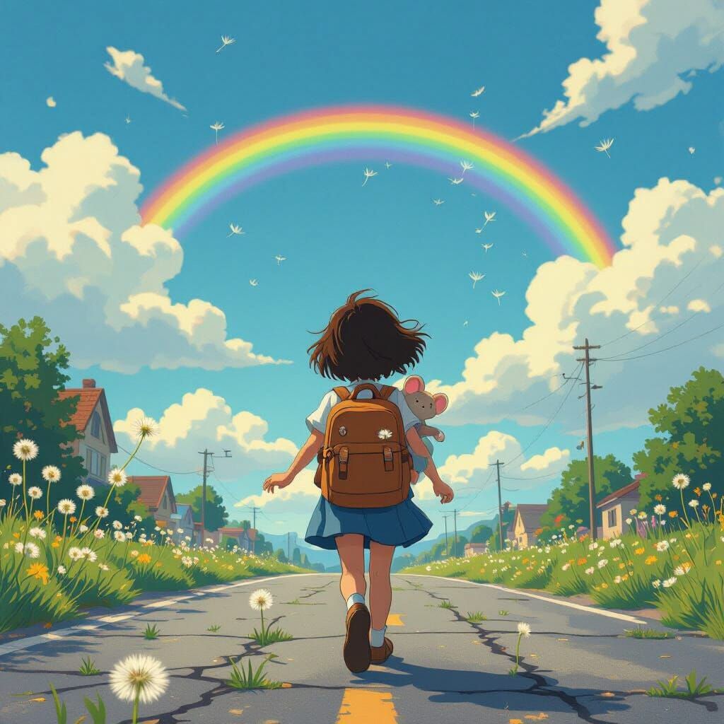 Girl with Stuffed Mouse Runs Through Cracked Asphalt Street