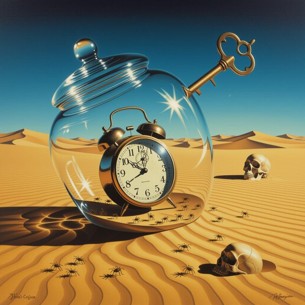 Surreal Desert Clock Under Glass in Dalí Style