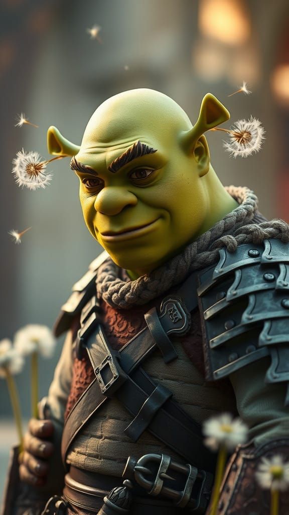 Shrek in Stylized Dragon-Fighting Armor with Blooming Dandel...