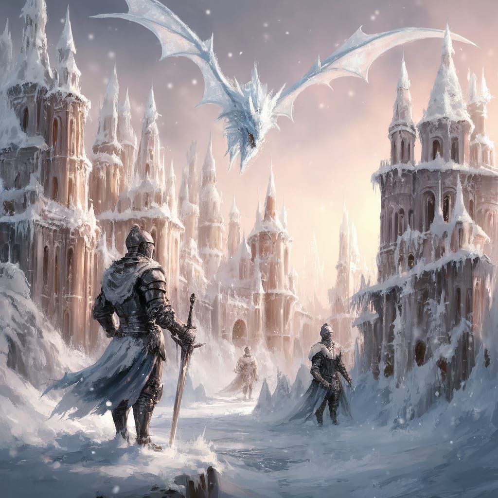 Gouache-Style Winter Kingdom with Majestic Ice Dragon