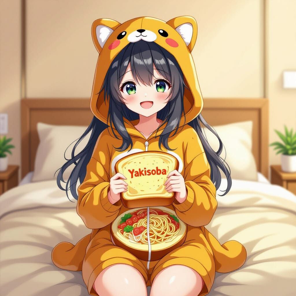 Cute Anime Girl in Yakisoba Bread Onesie