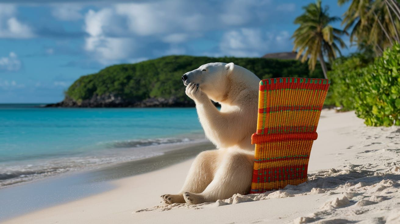 Polar Bear Applying Sunscreen on Tropical Beach