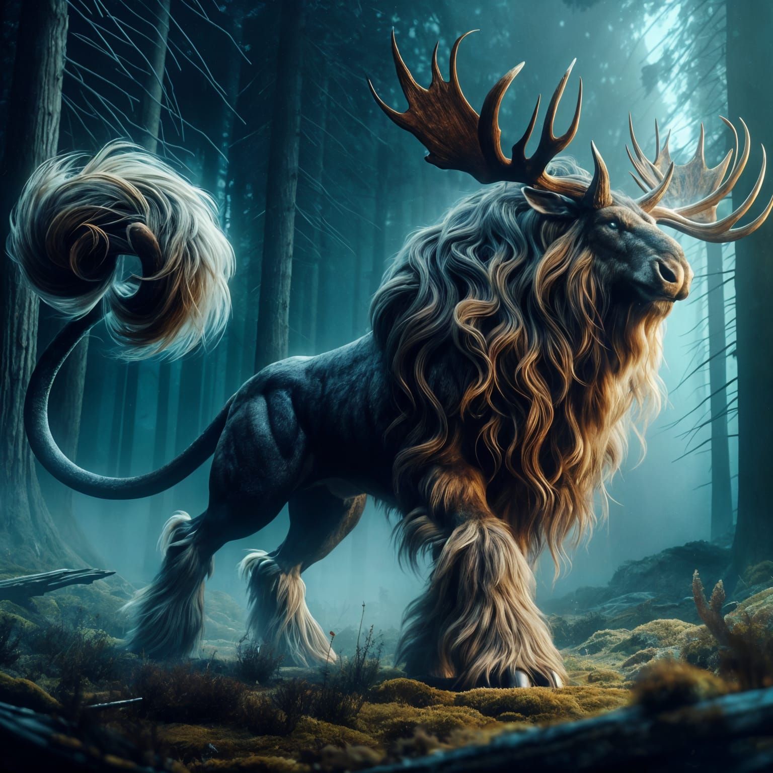 Mystical Moose-Buffalo-Deer Hybrid in Foggy Forest