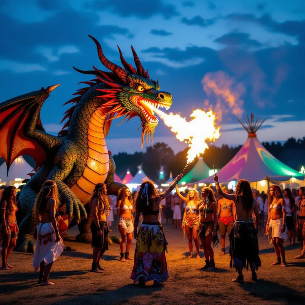 Ozora Festival: Fire Dragon, Art, and Dancing Crowd