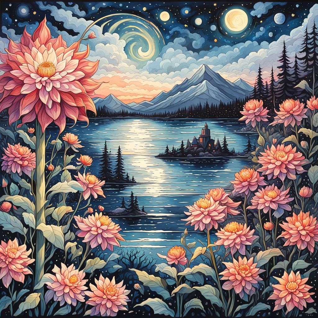 Ethereal Gothic Dahlia Under Starry Night Sky