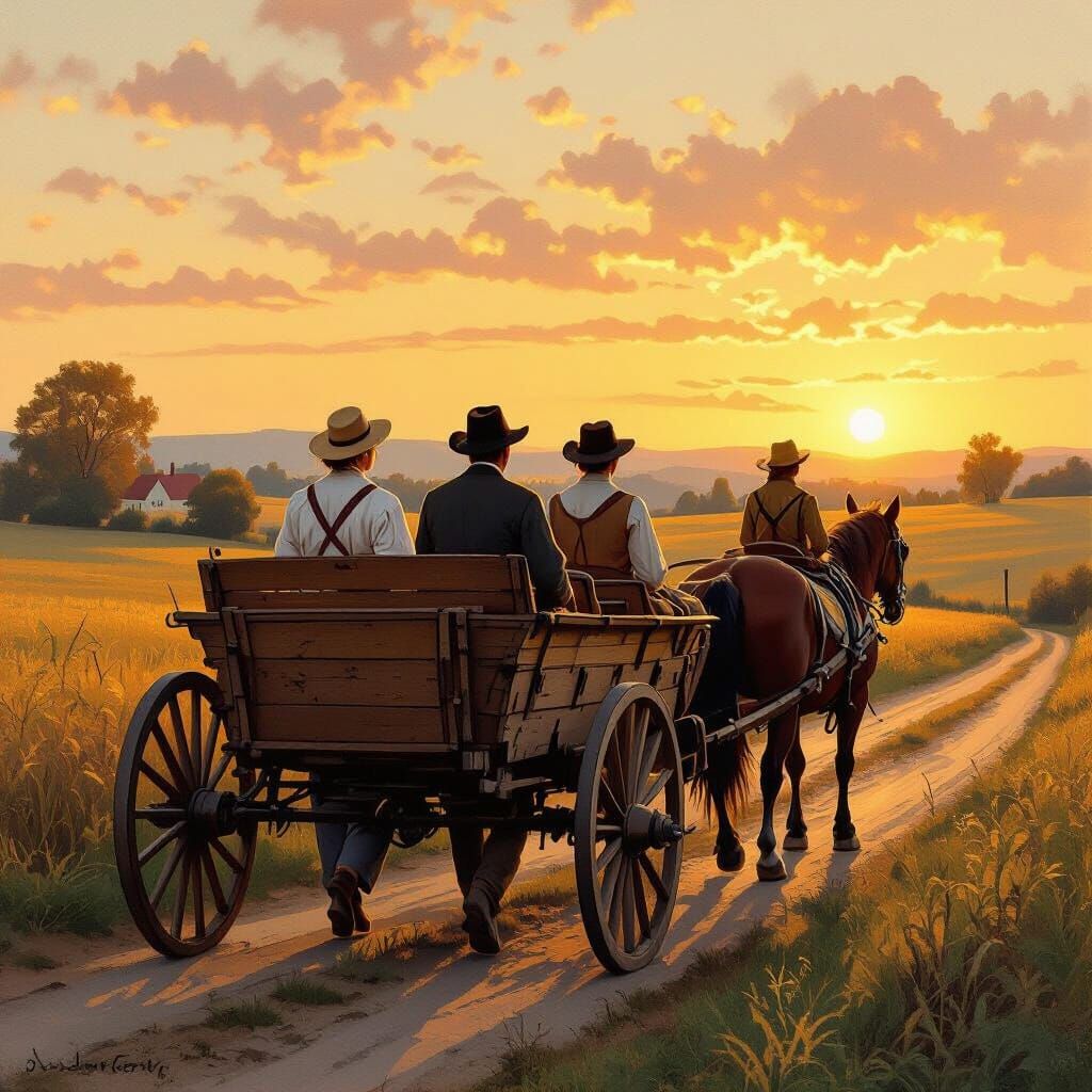 Horse-Drawn Chariot in Golden Sunset Countryside