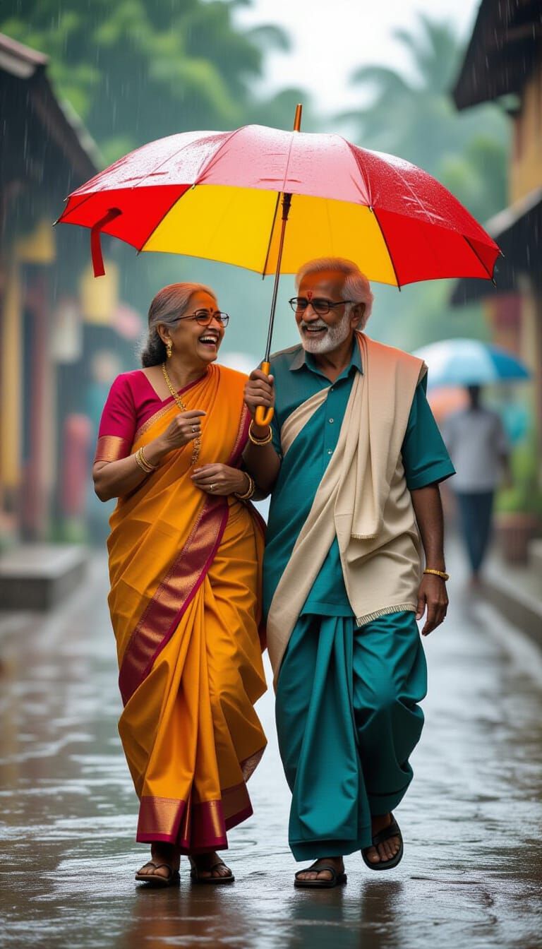Elderly Indian Couple Walking in Monsoon Rain