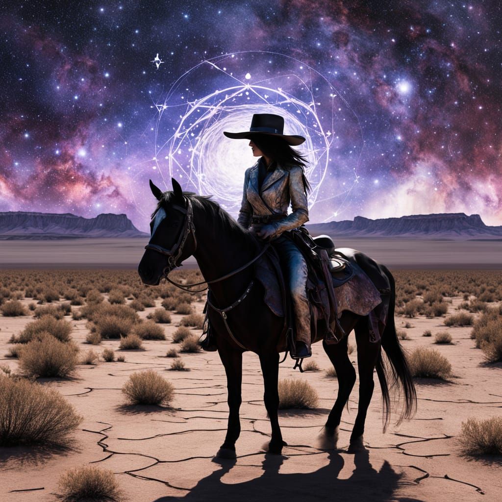 Cosmic Cowgirl on Mesa Under Shattered Sky