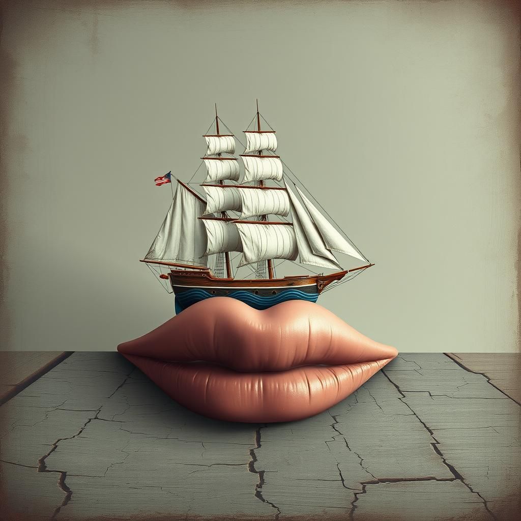 Surreal Ship Sails on Lips in Vintage Style