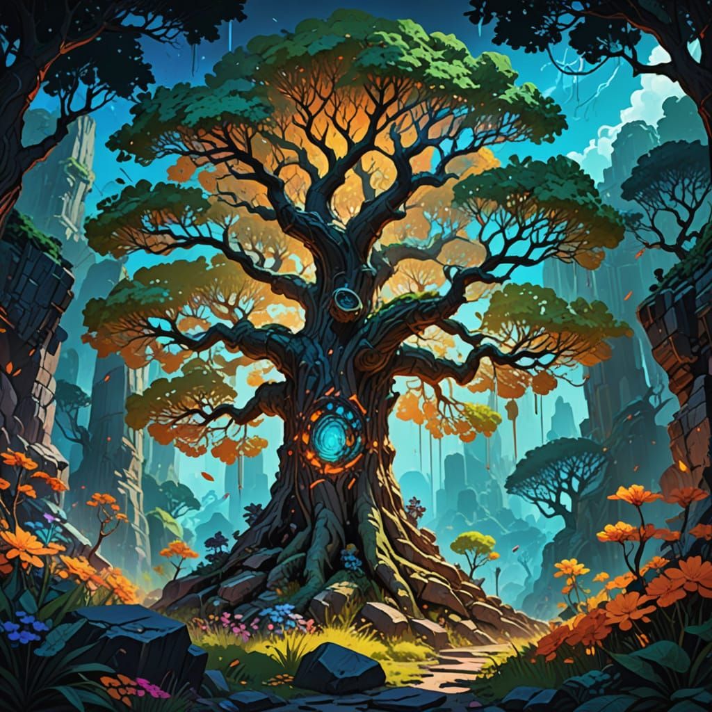 Majestic Tree in Vibrant Surreal Forest
