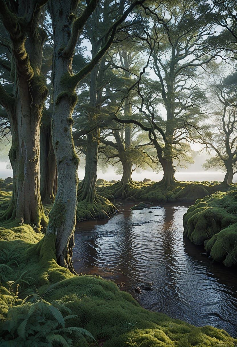 Majestic Trees by Serene Creek in Hyper-Realistic Style