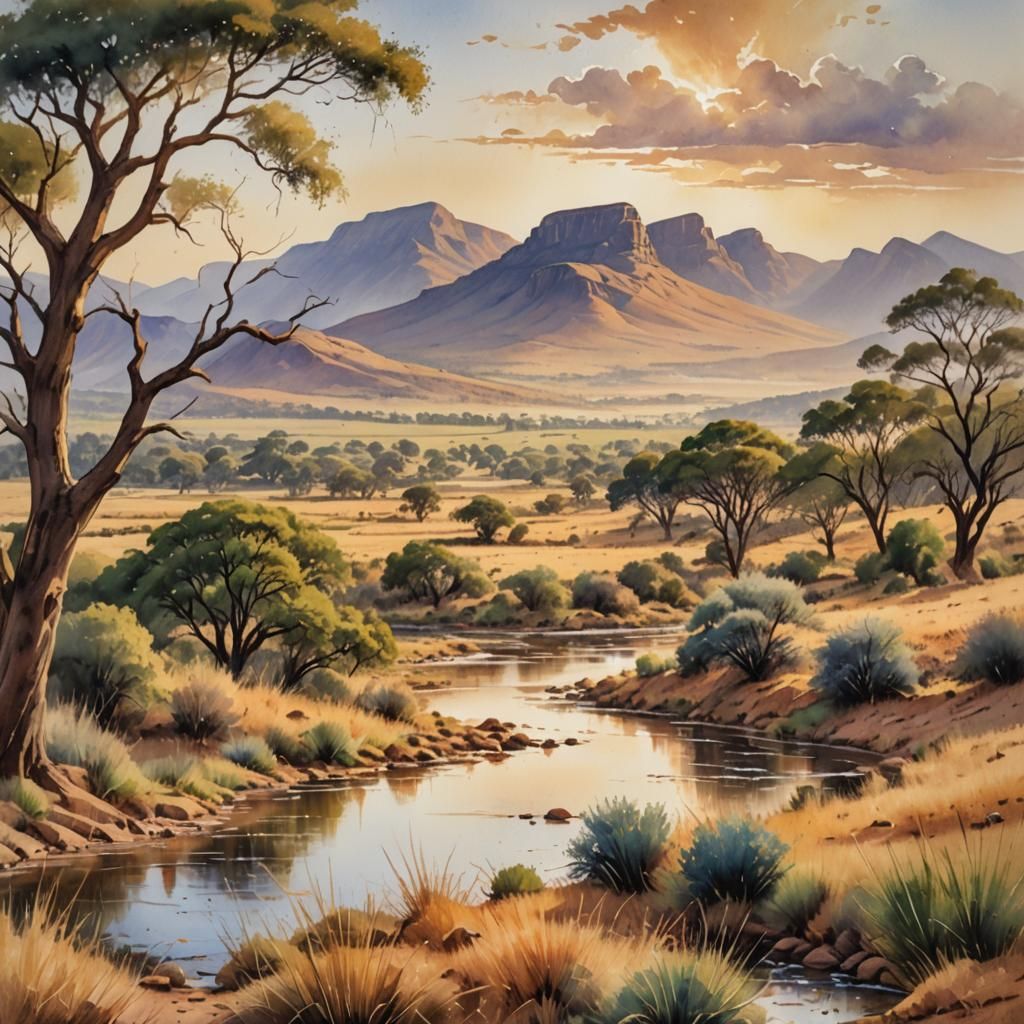 Idyllic South African Landscape as Watercolour Painting