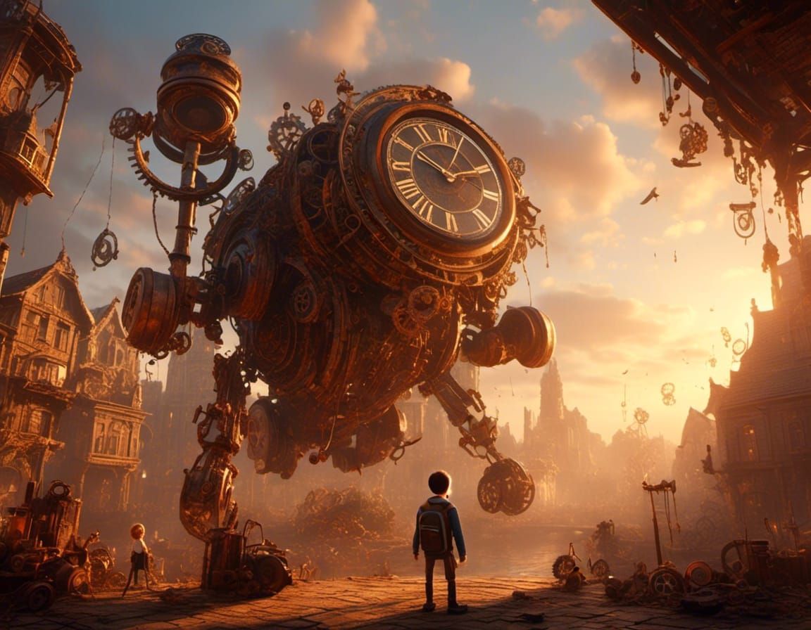 Clockwork City Chaos at Sunrise with Robot