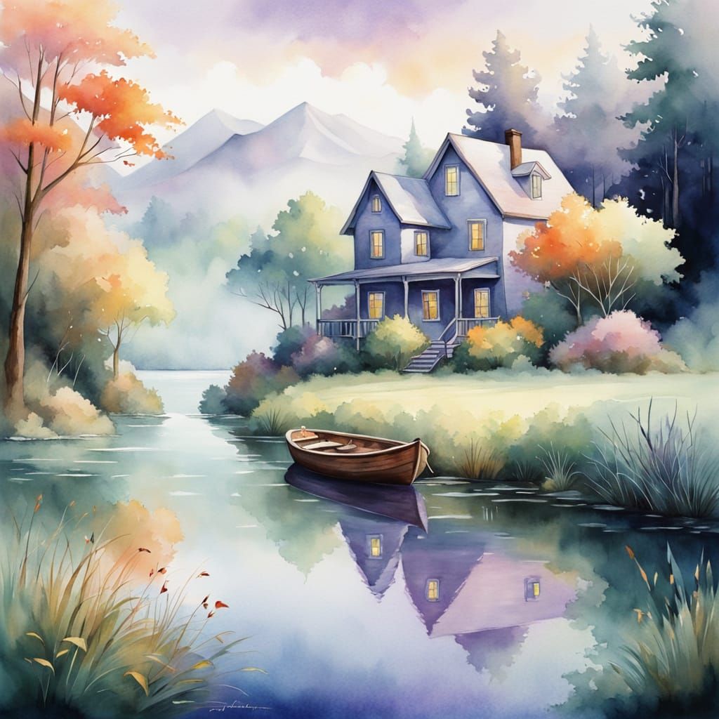 Whimsical Watercolor House by the Lake