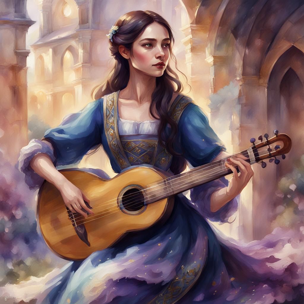 Elegant Female Bard Portrait in Watercolor Style