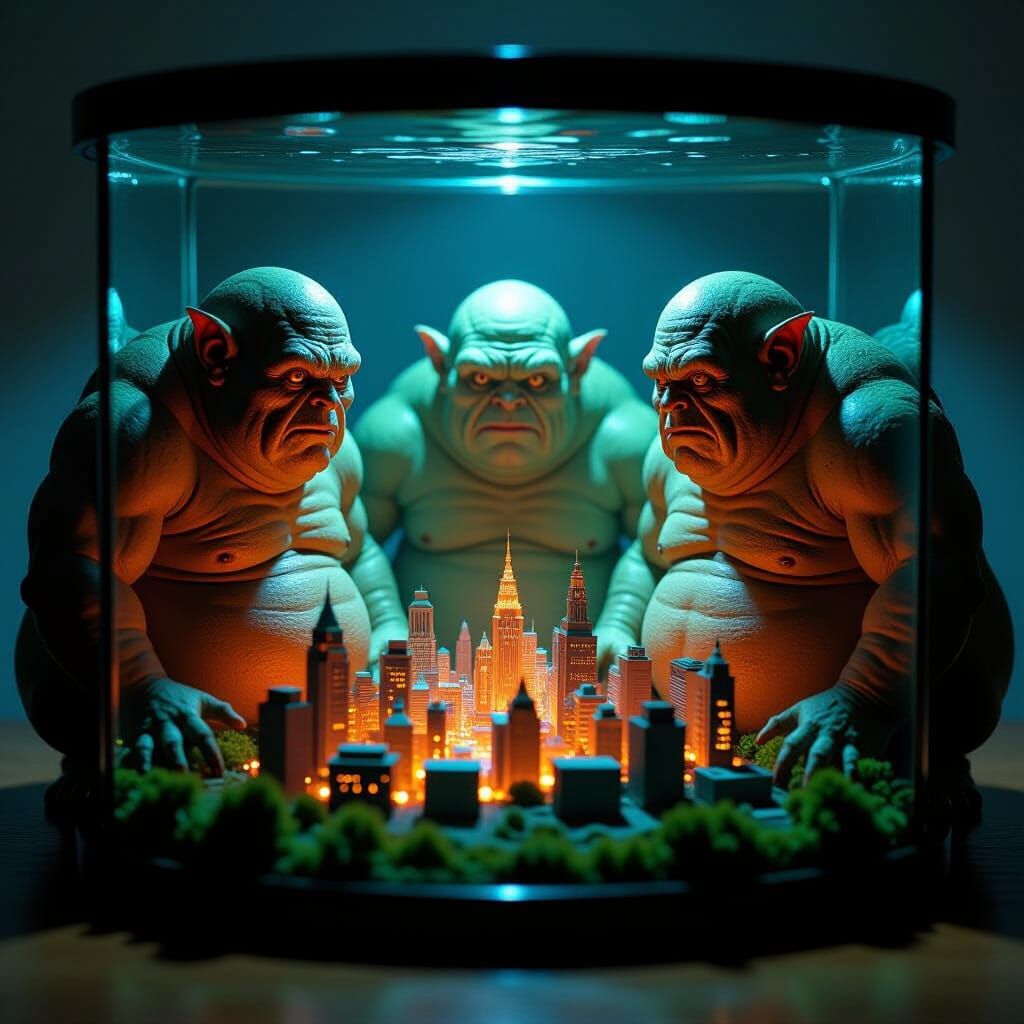 Mutant Watchers Astonished by Glowing Miniature City
