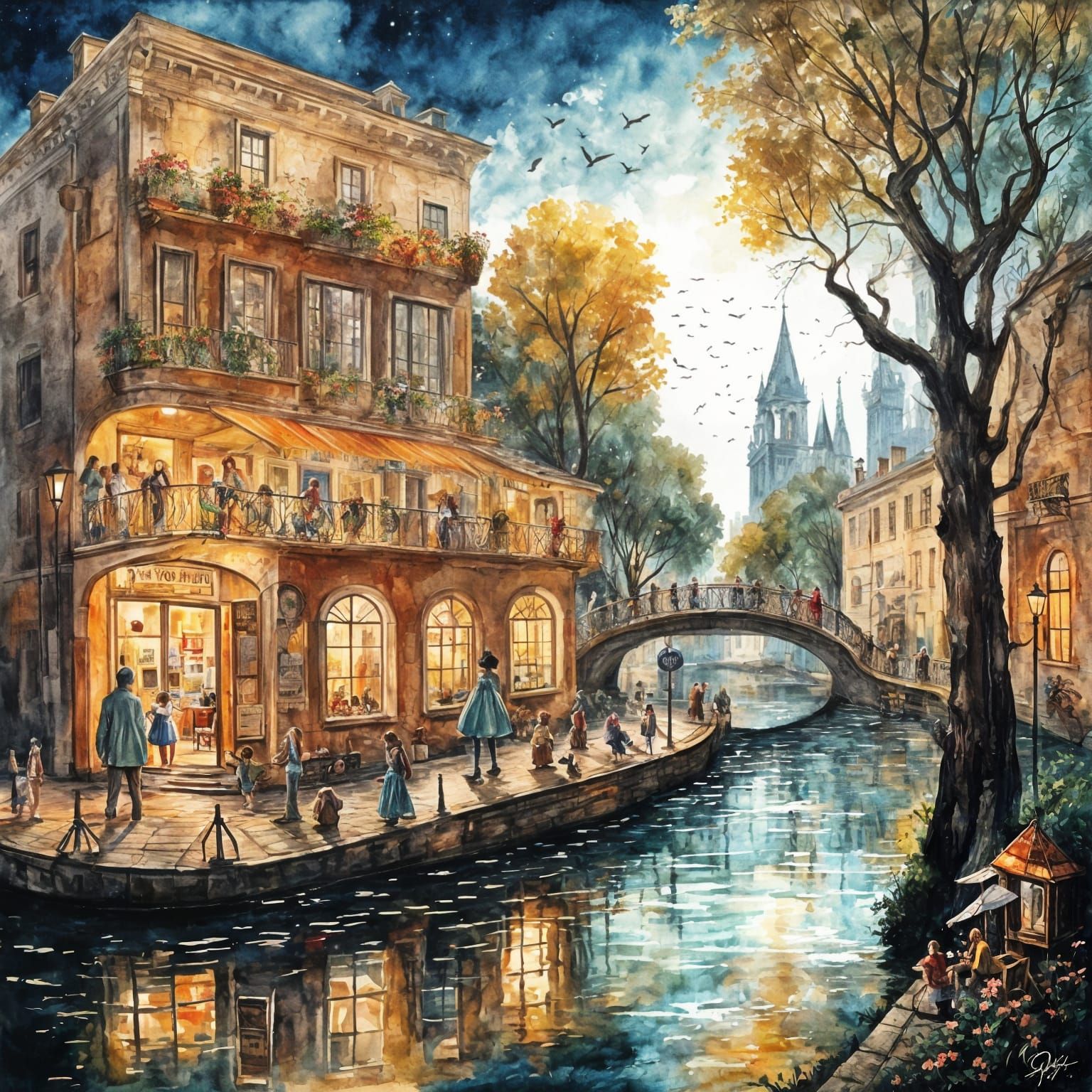 Cozy Cafe in Watercolor Impasto Style