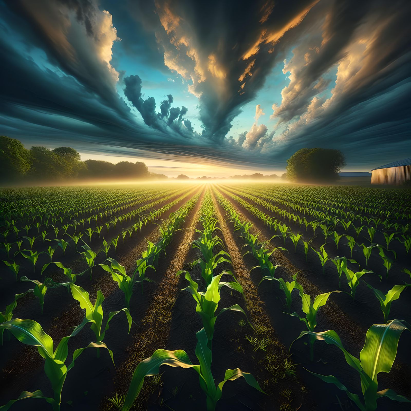 Emerald Cornfield at Dawn with Approaching Storm