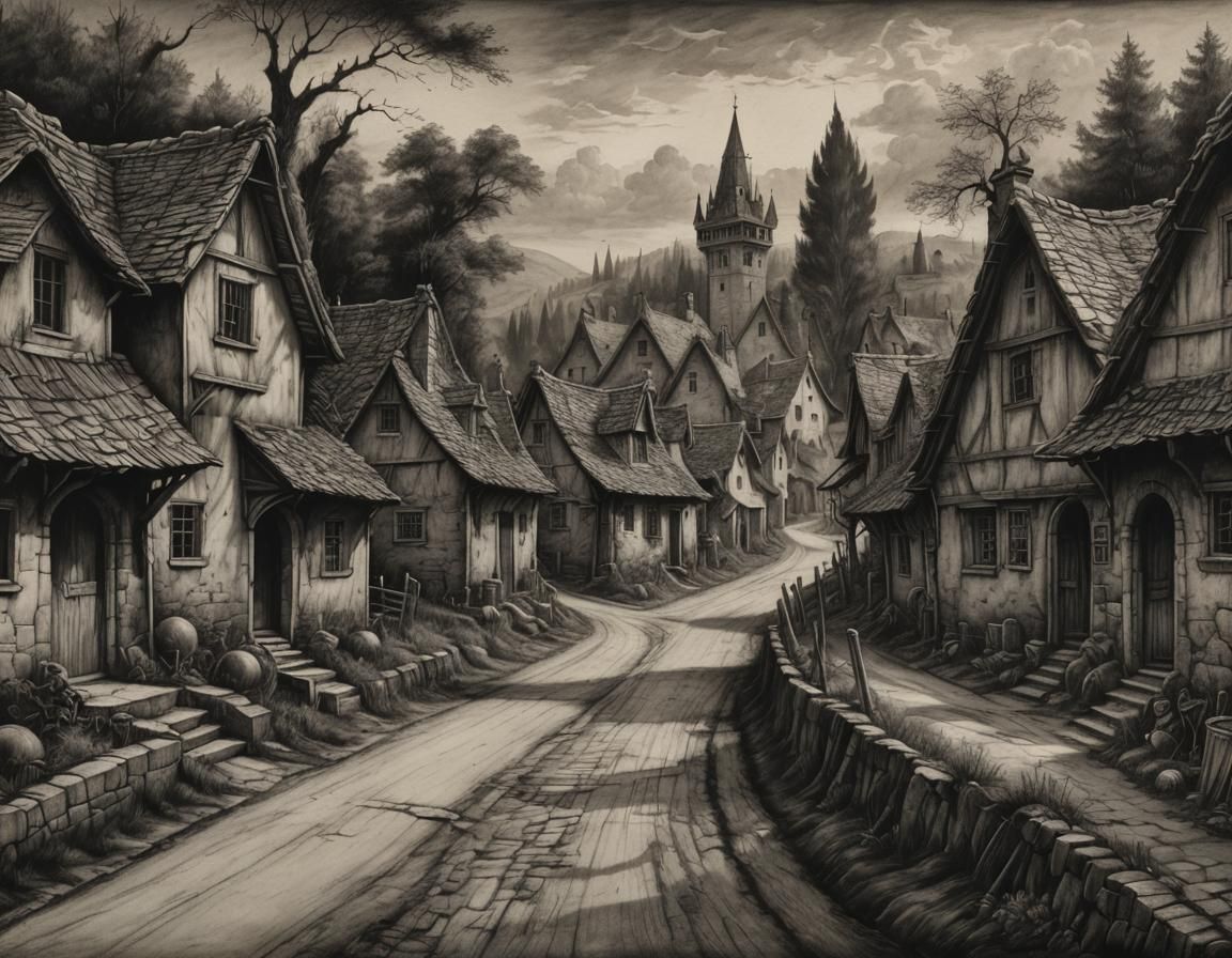 Creepy Village Road in Da Vinci Style