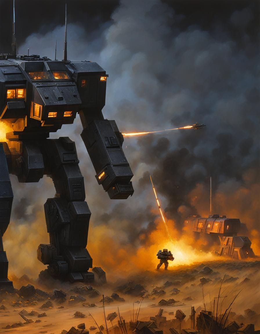 Sci-Fi Mech Warrior in Battlefield Inferno