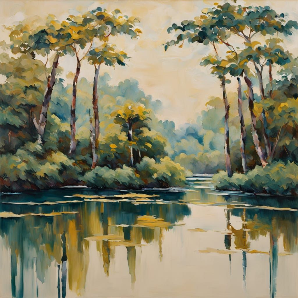 Tranquil Forest Pond in Japanese Ink Style