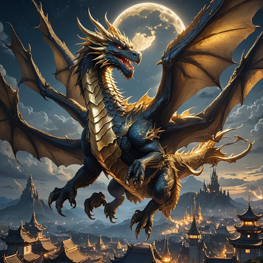 Golden-Bearded Dragon Flies in Night Sky: 3D Anime Art