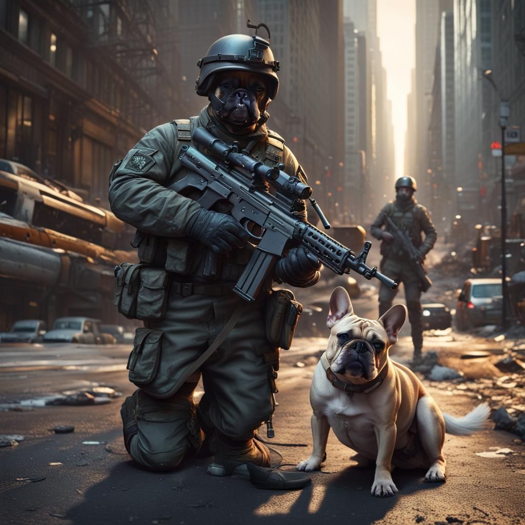 French Bulldog and Soldier in Dark Fantasy New York