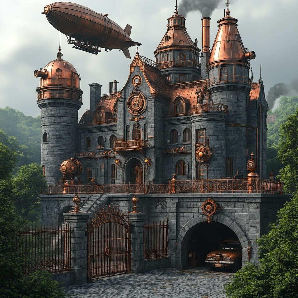Steampunk Castle Manor with Zeppelin Hangar, Dark Fantasy