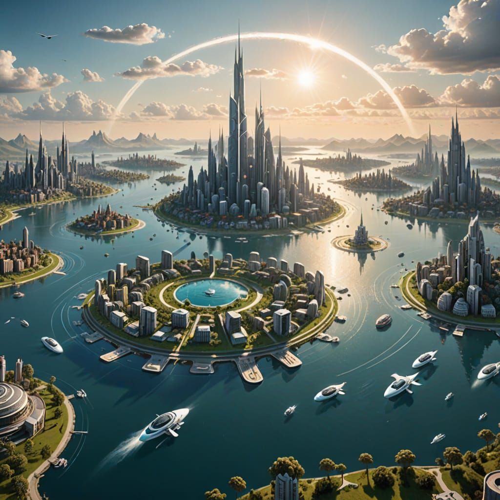 Futuristic Island City Panorama in Matte Painting Style
