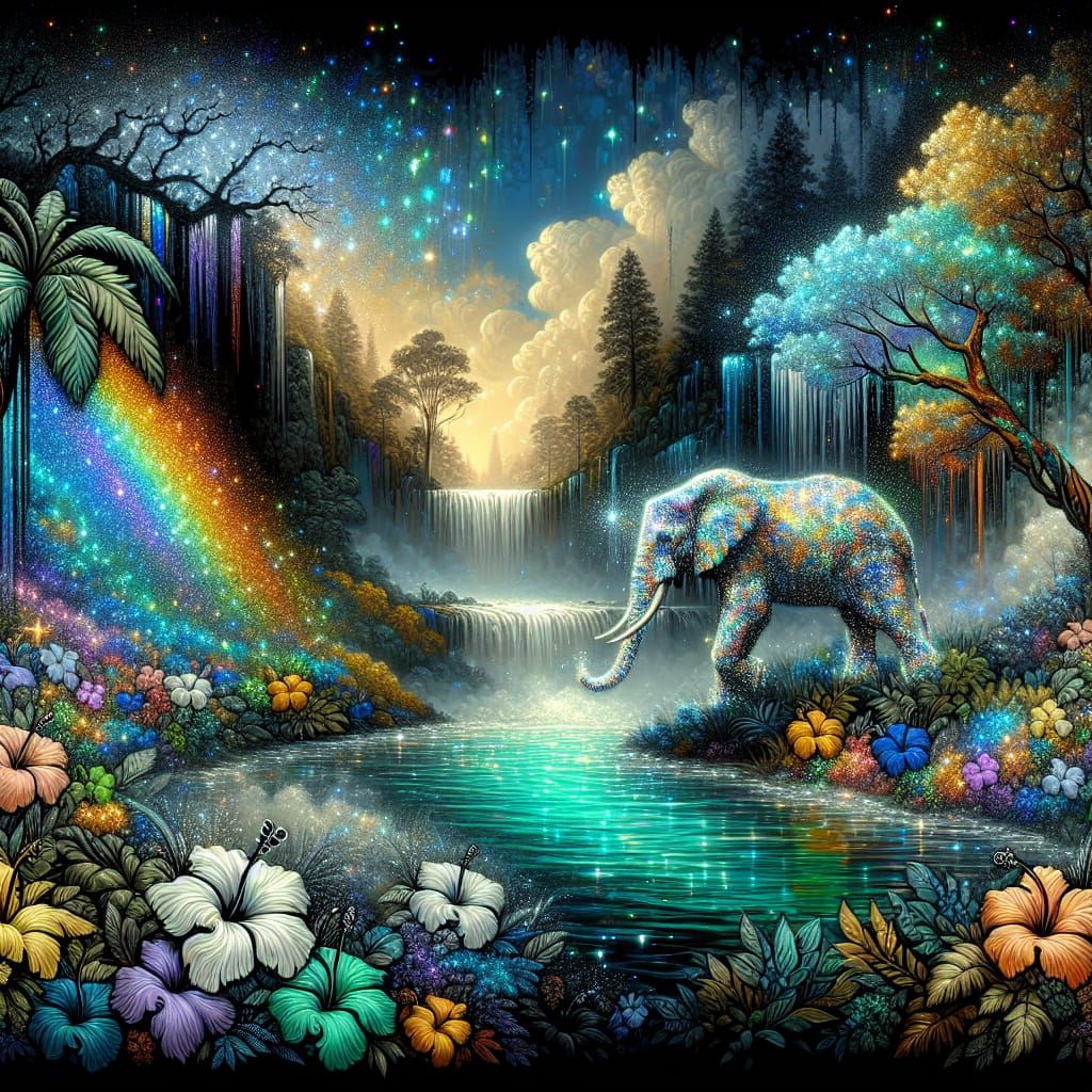 Jungle Waterfall Dawn: Holographic Elephant in Graffiti Styl...